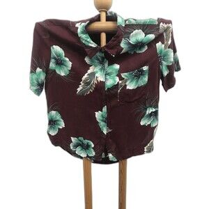 Volcom Women Maroon Floral Short Sleeve Boxy Button Up Shirt M Pocket Slits